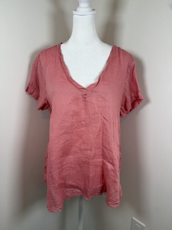 Bella Dahl Tops - Bella Dahl Linen V Neck Top Peach Short Sleeve Raw Hem Women's M Boho Lagenlook